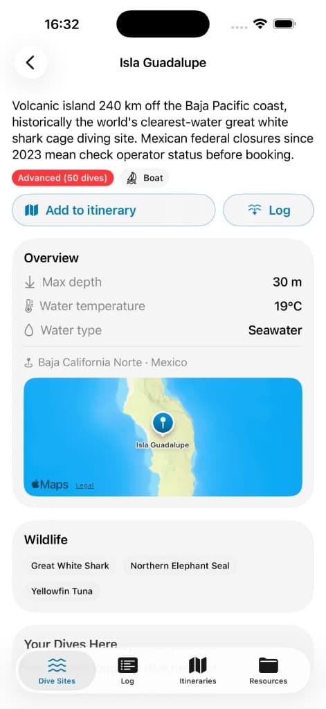 Pelagic dive site details for Isla Guadalupe