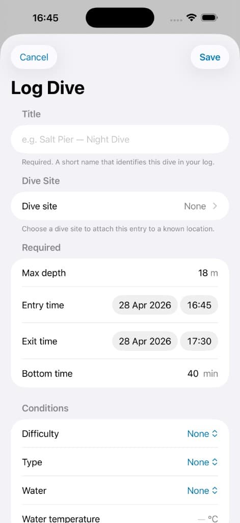 Pelagic log dive process with timing and conditions fields